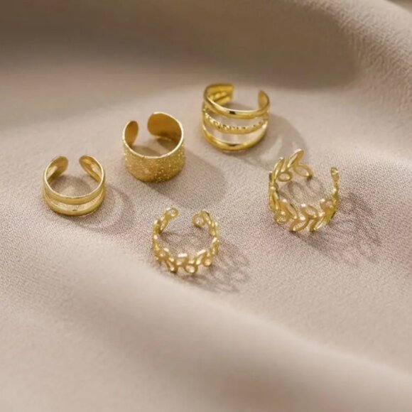 🆕 Leaf Cuffs Hollow in Gold Tone Set Of 5 Golden FILIGREE Earring Cuff 5pc - Picture 4 of 4